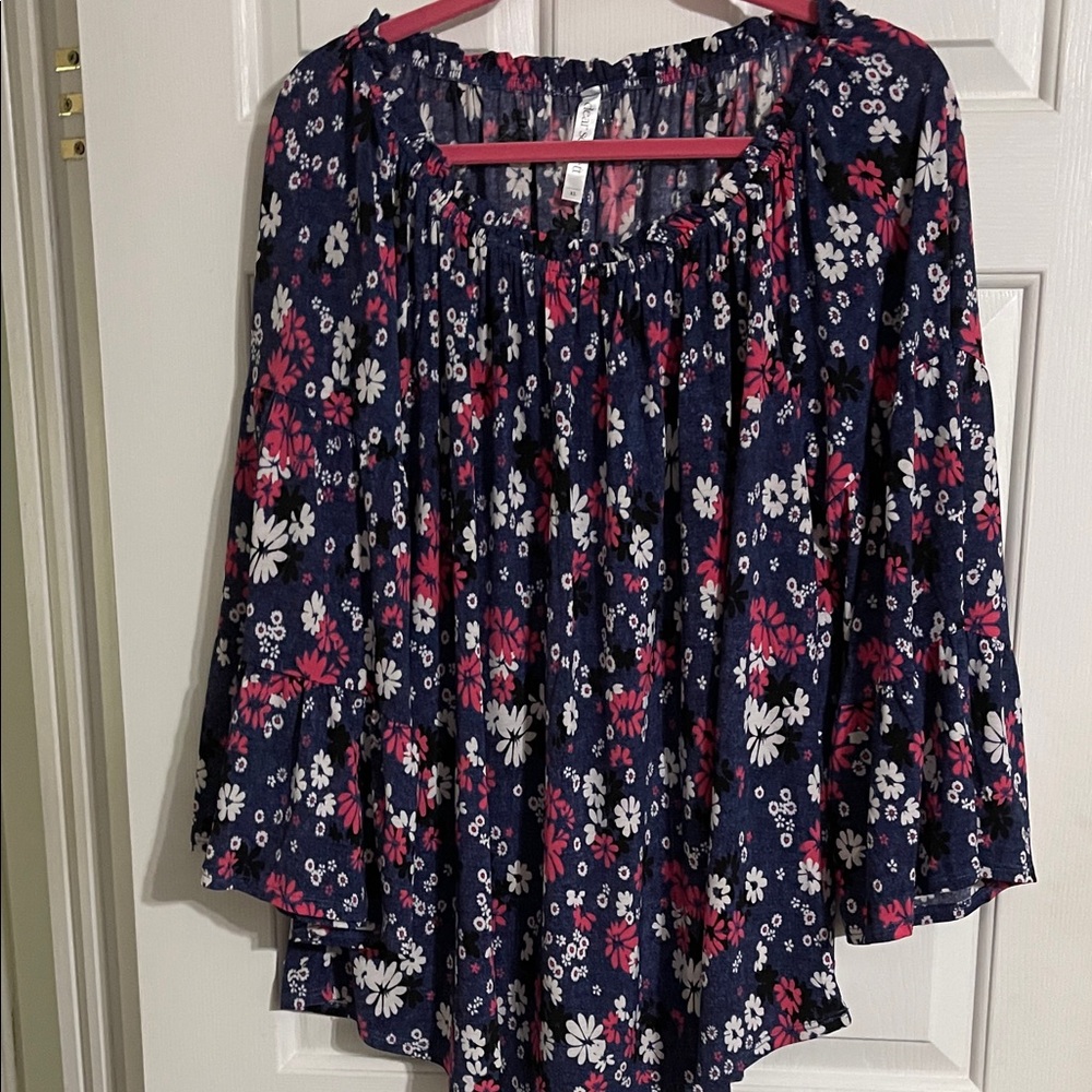 Floral Navy Blouse with Pink and White Accents